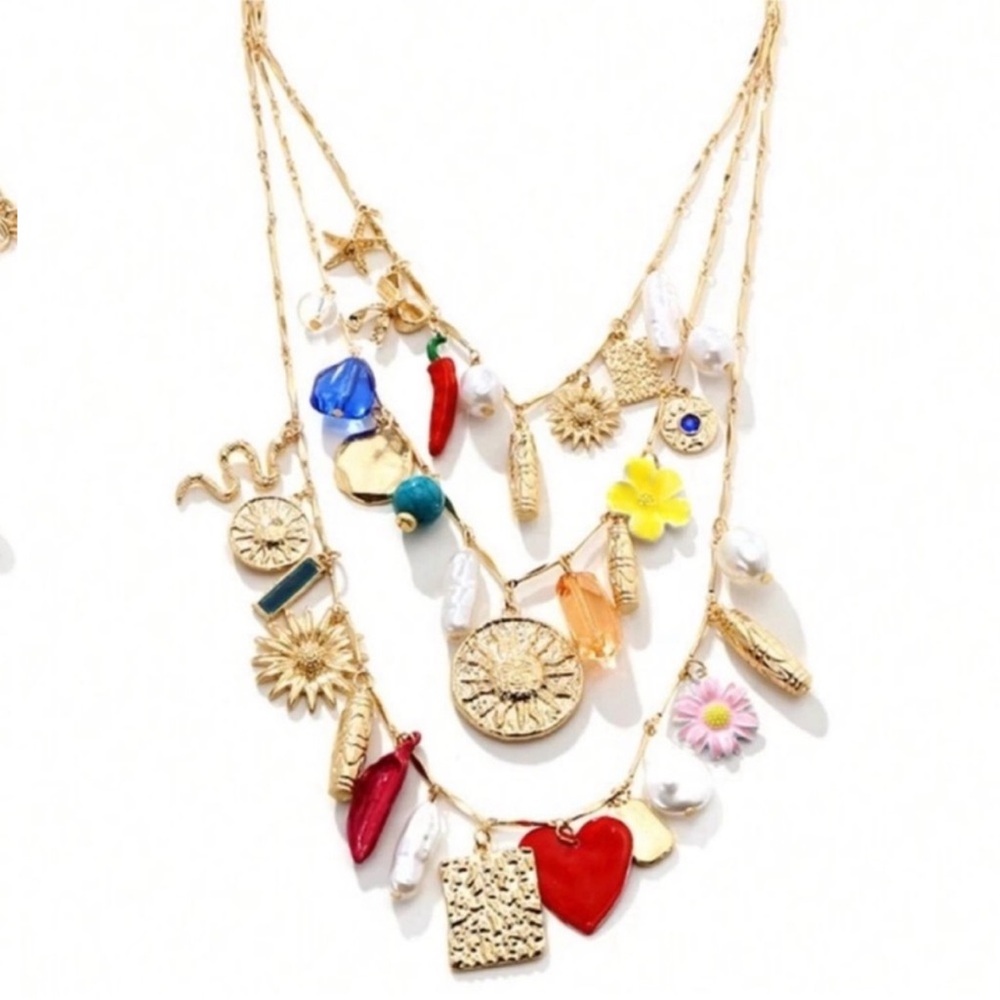 New! 18k Gold Plated Chain Charm Necklace Stack Set new